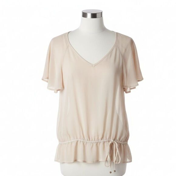 GUESS Sheer Beige Flutter Drawstring Blouse V-Neck XS - Glam Chic Y2K Whimsigoth - Picture 4 of 13